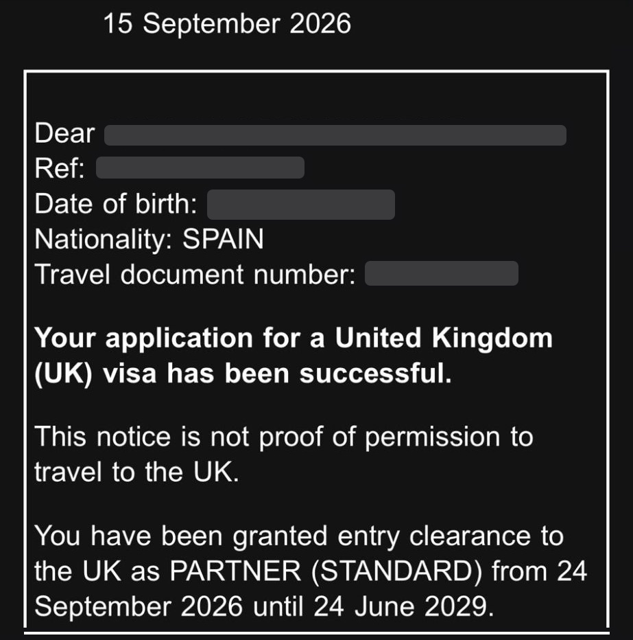 Email del Home Office del 15 de septiembre de 2026: la solicitud de visa para Reino Unido ha sido aprobada, visa de pareja concedida hasta el 24 de junio de 2029. Datos personales tapados.